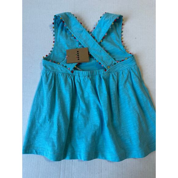 NEW Mini Boden Cross Back Pom Top Blue Sz 6-7 - Picture 2 of 8